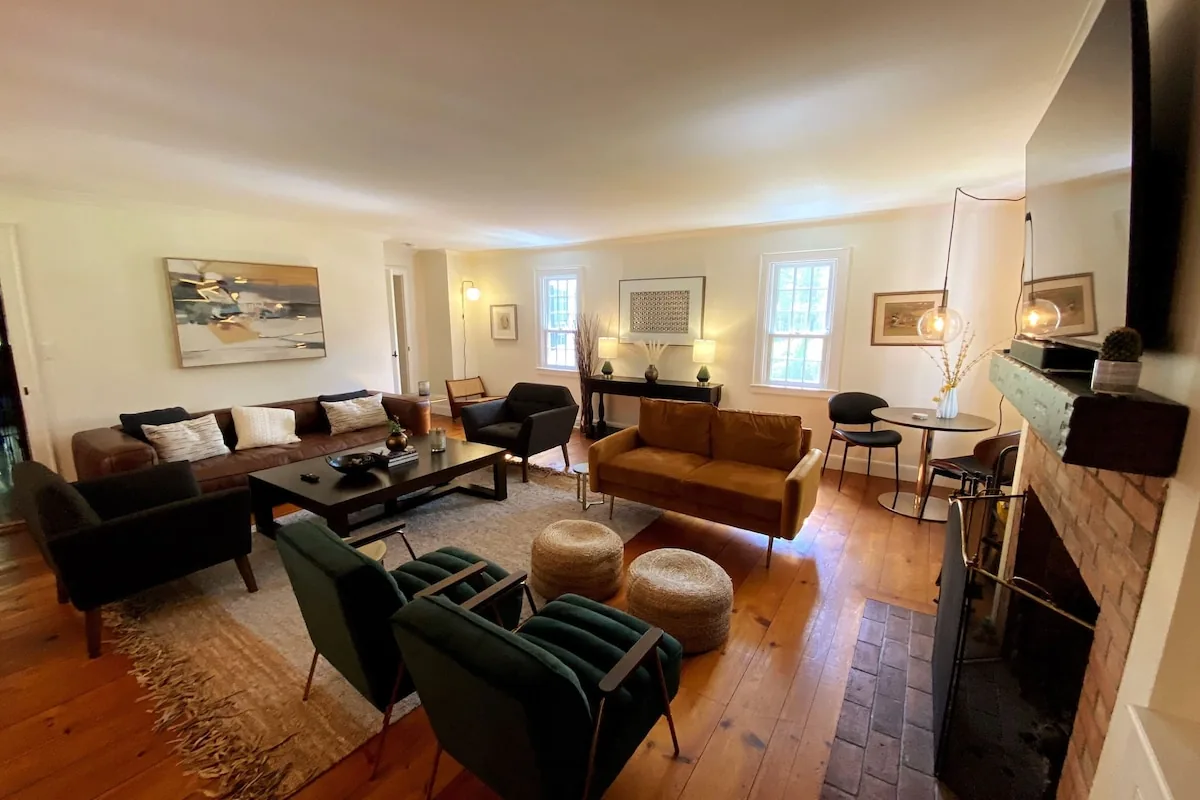 Wide view across the farmhouse living room