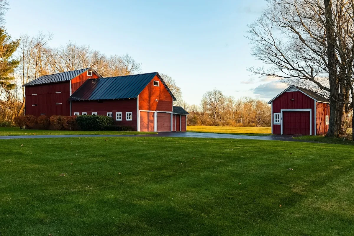 Red barns glowing in late-season afternoon light